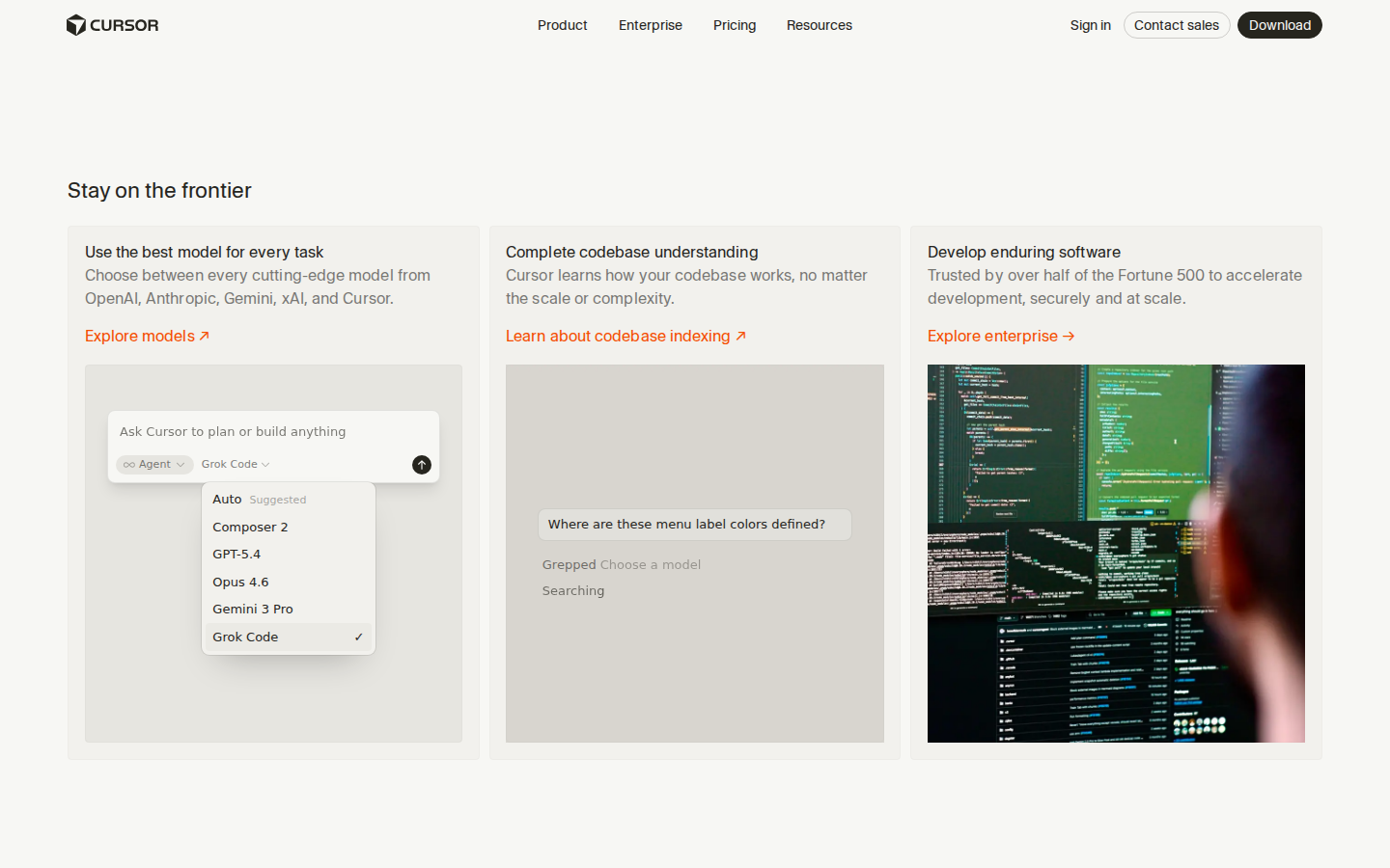 Cursor features page showing model selection and codebase chat
